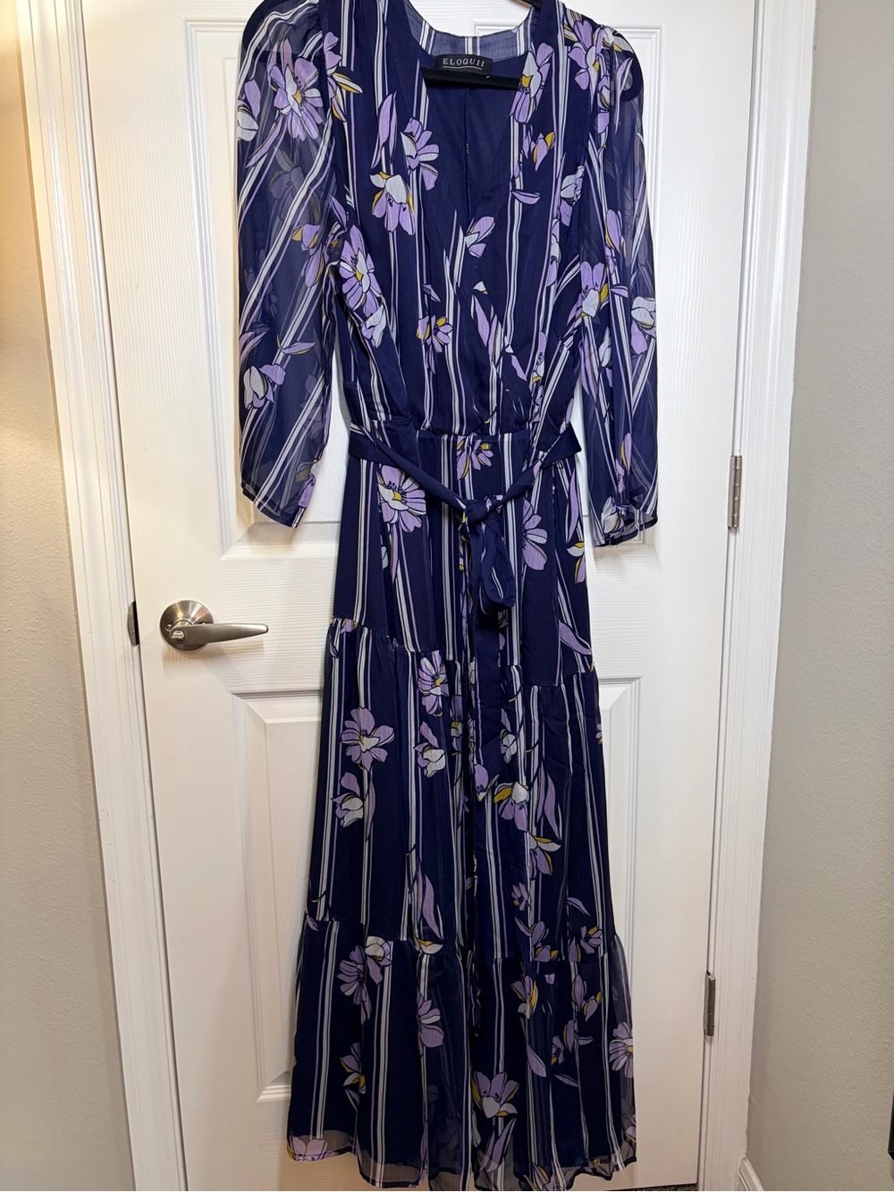 Eloquii Navy and Lavender Floral Tiered Maxi Dress